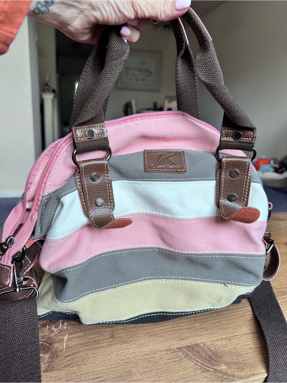 Canvas Stripe Satchel Handbag - Pink / Taupe